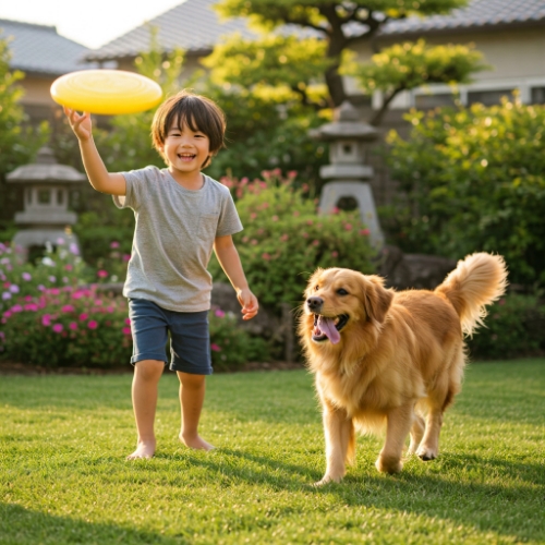 愛犬とフリスビーで遊ぶ男の子